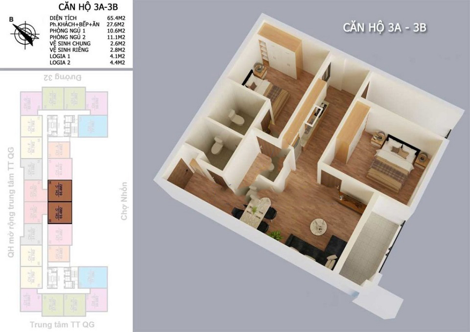 thiết kế căn hộ nhs phương canh 3a 3b s